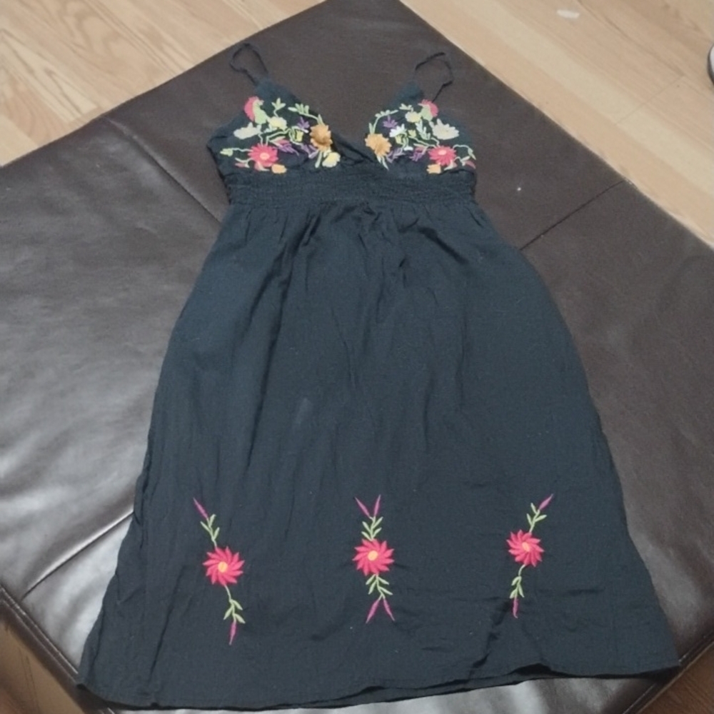 Black Floral Embroidered Spaghetti Strap Dress